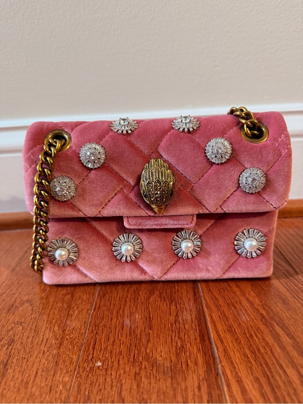 Kurt Geiger London Mini Velvet Kensington Bag in Pink Velvet with Crystals